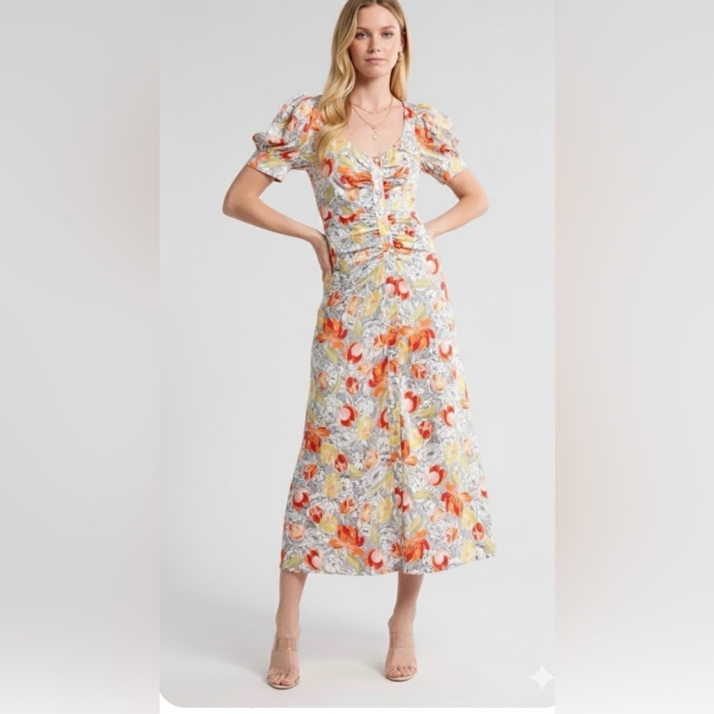 cinq a sept Floral Midi Dress in White, Orange, Yellow
